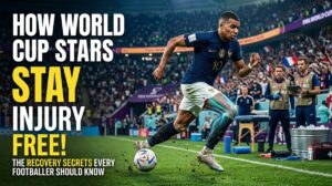 Professional football players warming up and recovering to prevent muscle injuries during the FIFA World Cup.