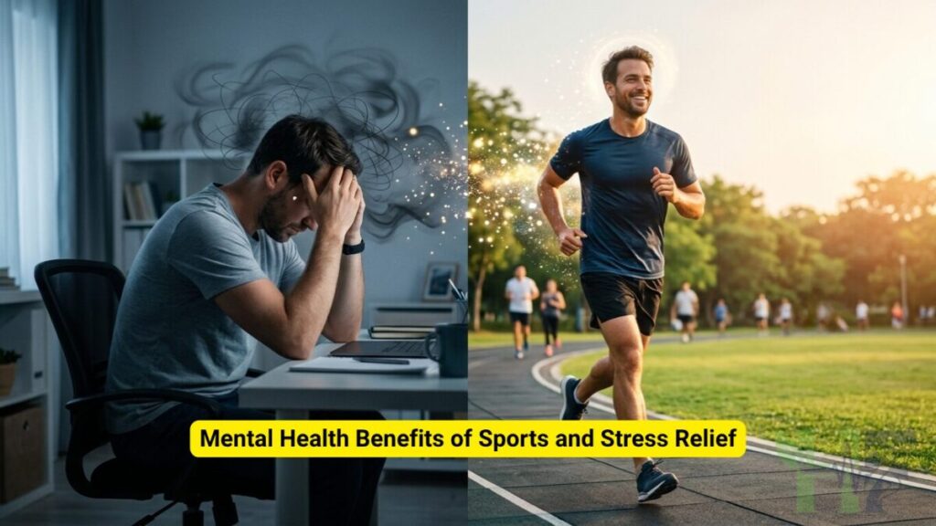 Adult playing sports outdoors to improve mental health, reduce stress, and support emotional well being through physical activity.