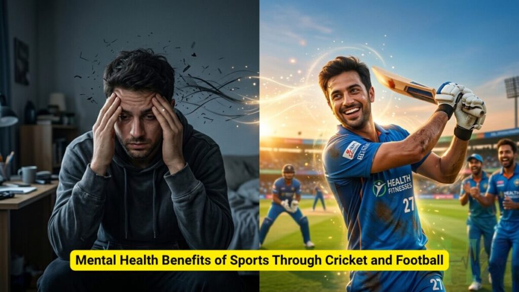 Young man playing football and cricket outdoors, demonstrating the mental health benefits of sports, stress relief, and emotional well being.