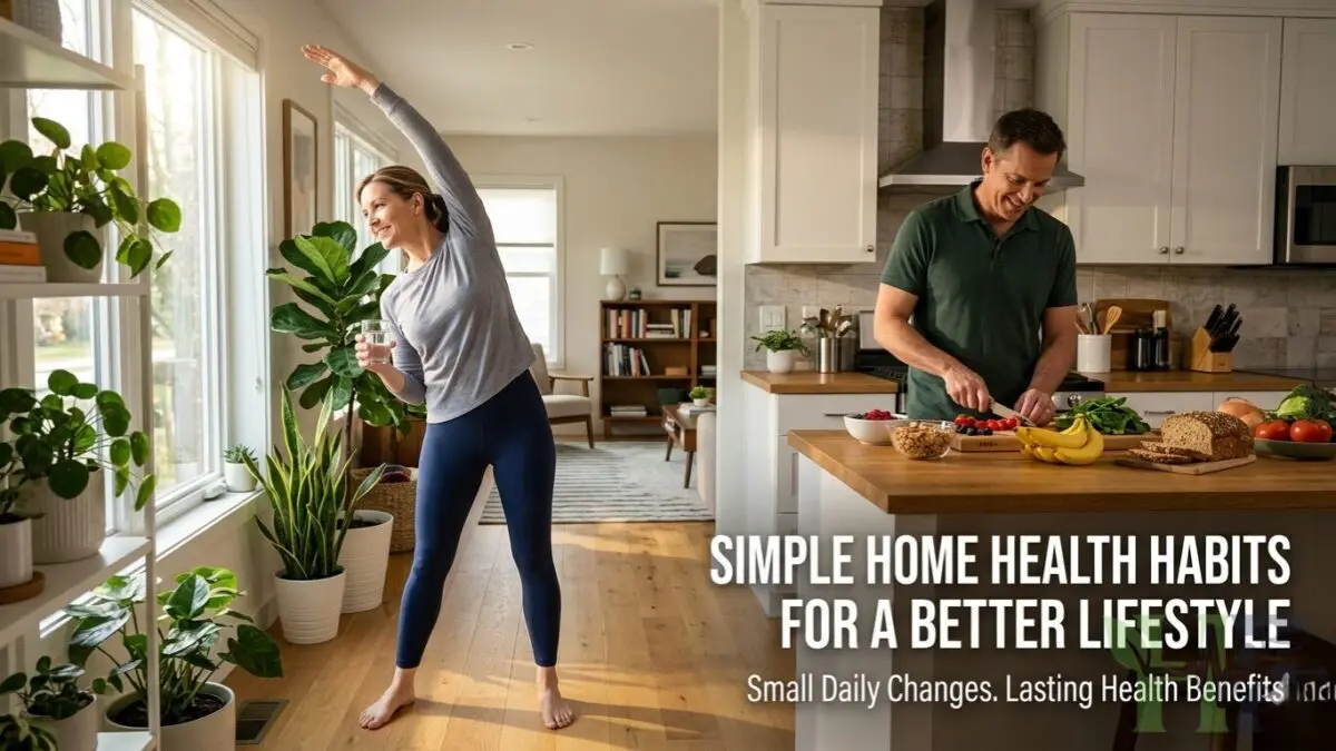 Woman practicing healthy home health habits with exercise, hydration, nutritious food, and a clean living environment.