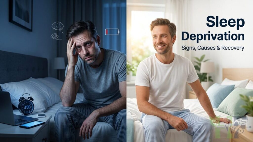 Tired adult man suffering from sleep deprivation, fatigue, brain fog, and low energy compared with a healthy well-rested version of himself.