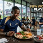 Professional football players eating healthy meals as part of their FIFA World Cup nutrition plan.