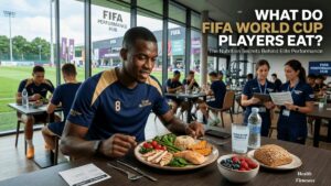 Professional football players eating healthy meals as part of their FIFA World Cup nutrition plan.
