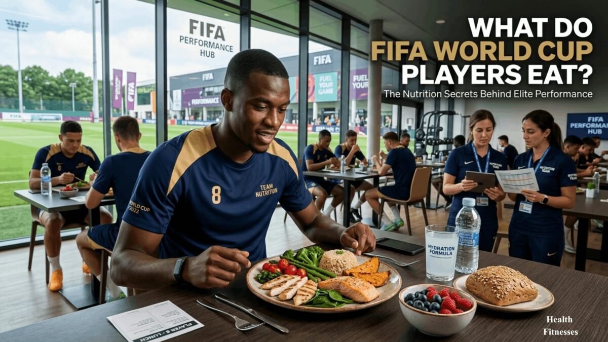 Professional football players eating healthy meals as part of their FIFA World Cup nutrition plan.