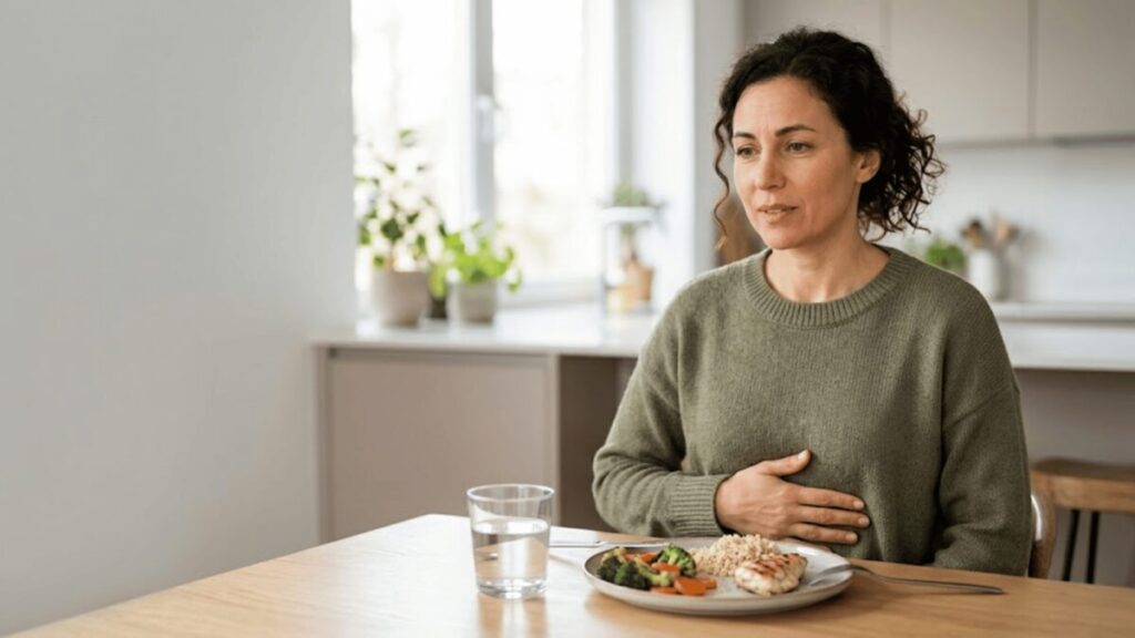 Adult experiencing mild bloating after eating a balanced meal.