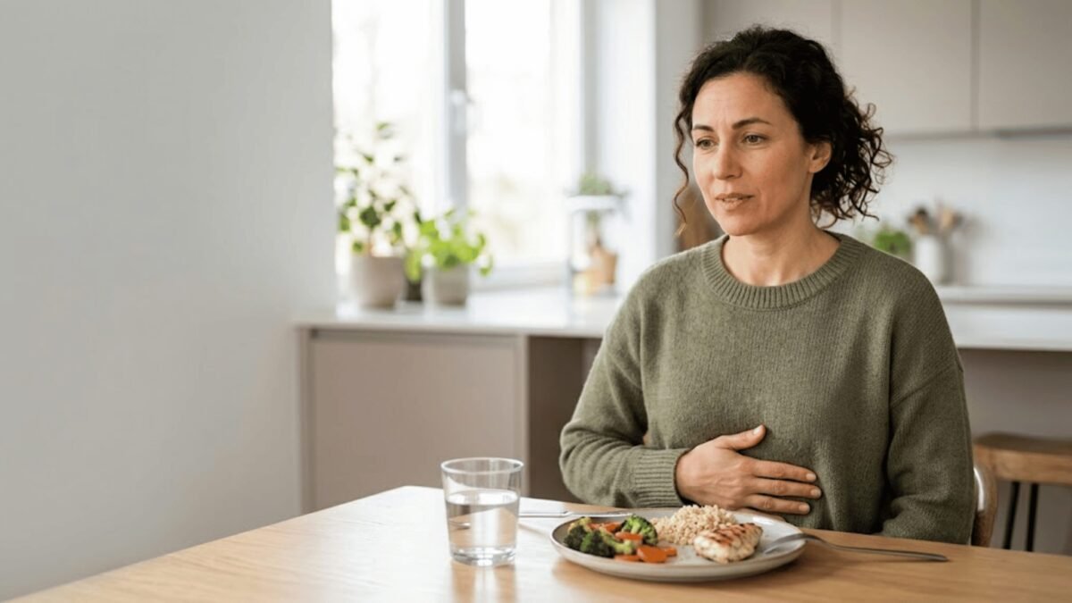 Adult experiencing mild bloating after eating a balanced meal.