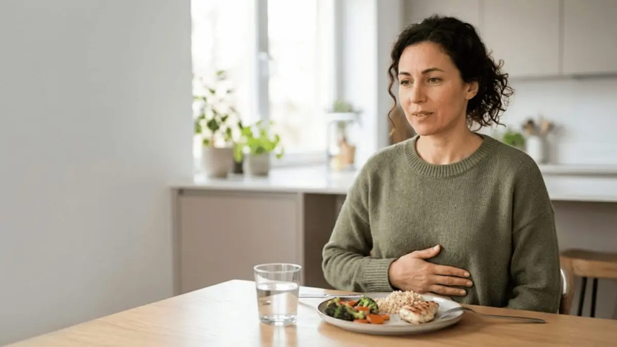 Adult experiencing mild bloating after eating a balanced meal.