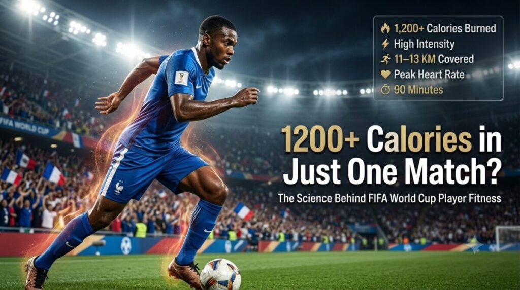 Professional FIFA World Cup football player sprinting during a match showing estimated calories burned, football fitness, endurance, and sports performance.