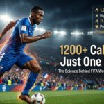 Professional FIFA World Cup football player sprinting during a match showing estimated calories burned, football fitness, endurance, and sports performance.