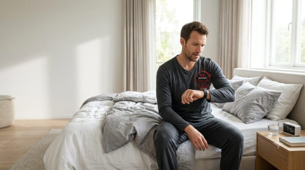 Person checking a low fitness tracker recovery score after a full night of sleep.