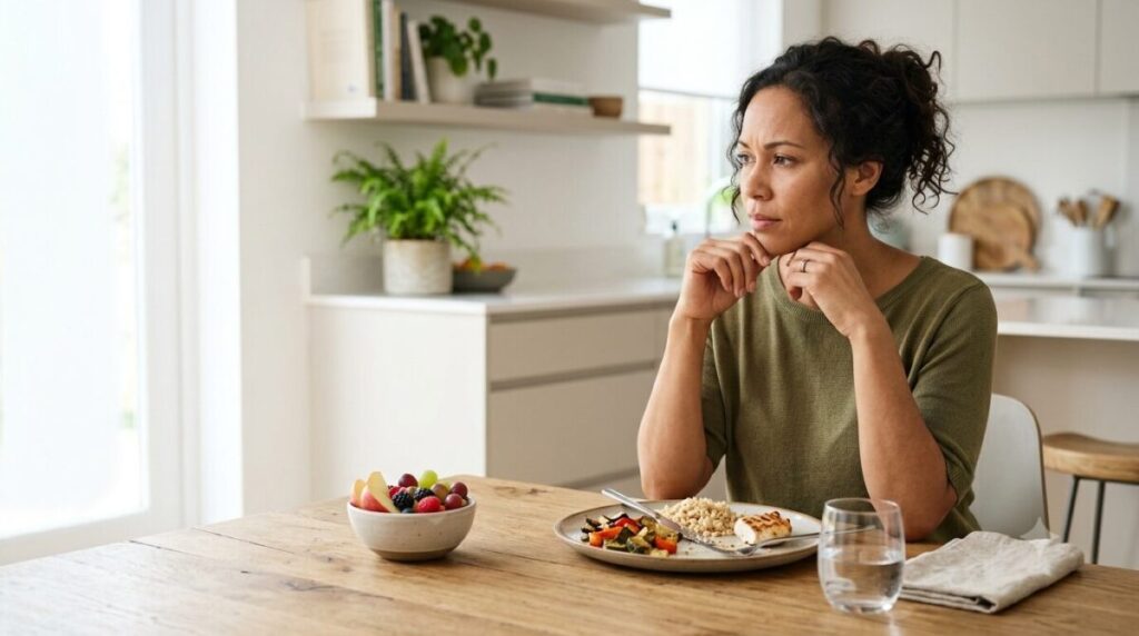 Person feeling hungry again after finishing a balanced meal.