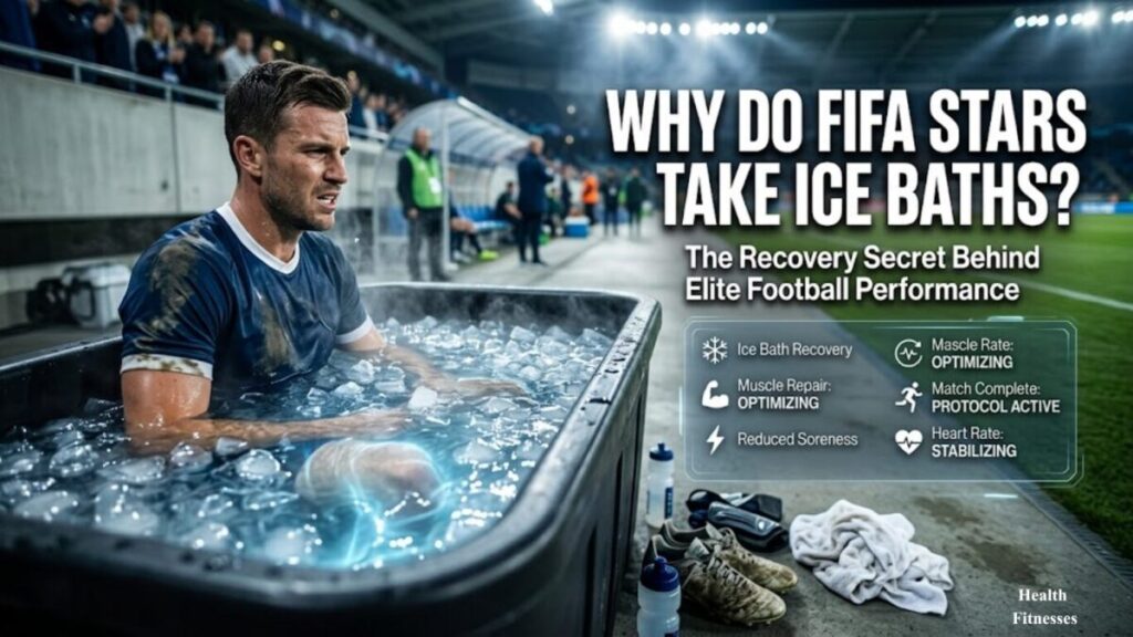Professional FIFA World Cup football player recovering in an ice bath after a match to reduce muscle soreness and improve recovery.