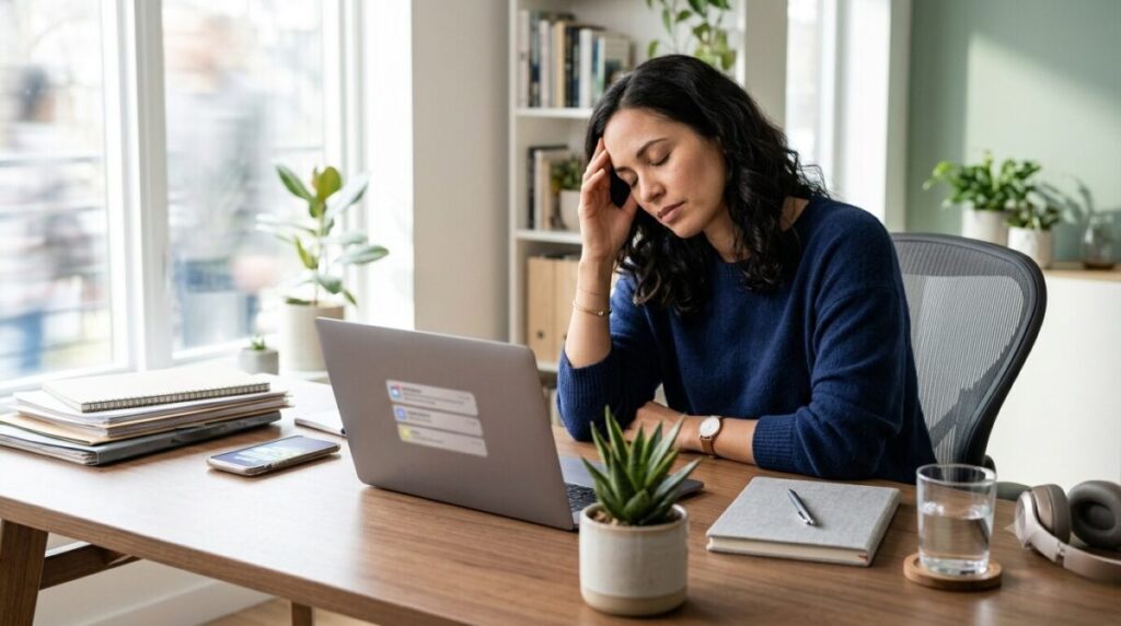 Adult feeling mentally overstimulated by screens, notifications, and multiple tasks.