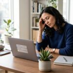 Adult feeling mentally overstimulated by screens, notifications, and multiple tasks.