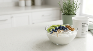 Bowl of plain Greek yogurt with berries, kiwi, oats, chia seeds, and walnuts beside an unbranded yogurt container.