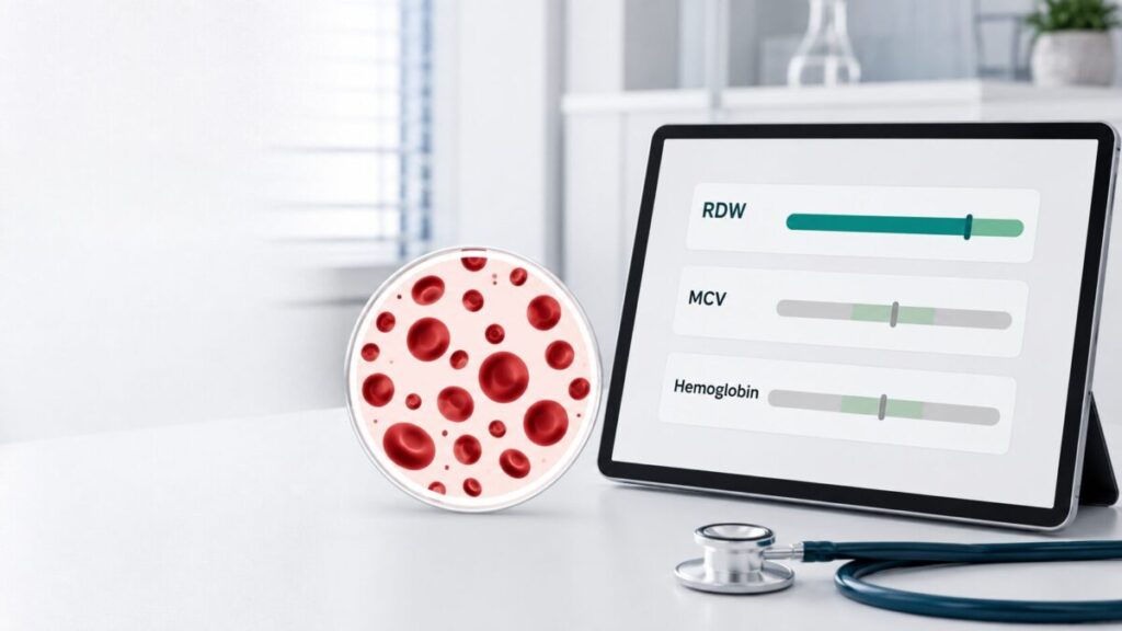 CBC report concept showing high RDW with normal MCV and hemoglobin alongside red blood cells of mixed sizes.