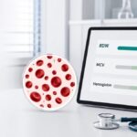CBC report concept showing high RDW with normal MCV and hemoglobin alongside red blood cells of mixed sizes.