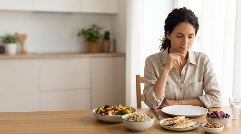 Adult still feeling hungry after a meal beside balanced foods containing protein, fiber-rich carbohydrates, vegetables, fruit, and healthy fats