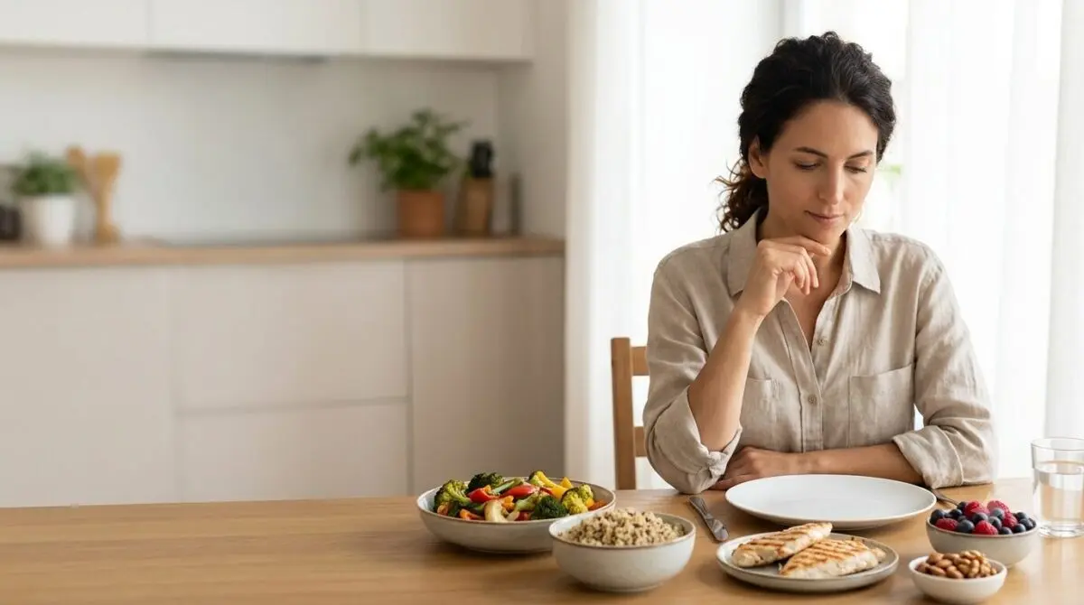 Adult still feeling hungry after a meal beside balanced foods containing protein, fiber-rich carbohydrates, vegetables, fruit, and healthy fats
