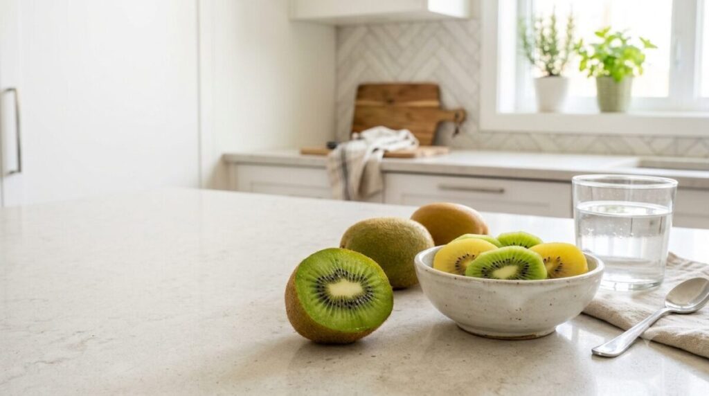 Fresh whole and sliced kiwifruit representing its fibre content and potential benefits for digestion and bowel regularity