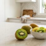 Fresh whole and sliced kiwifruit representing its fibre content and potential benefits for digestion and bowel regularity
