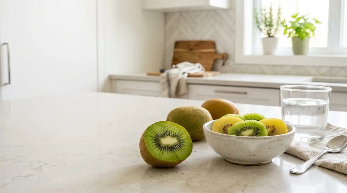 Fresh whole and sliced kiwifruit representing its fibre content and potential benefits for digestion and bowel regularity