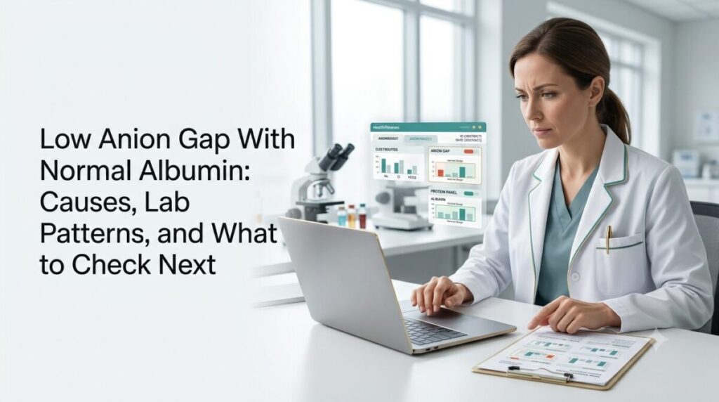 Clinician reviewing an electrolyte and protein blood test report for a low anion gap with normal albumin.