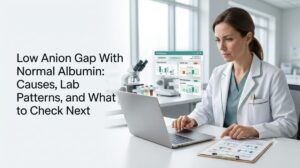Clinician reviewing an electrolyte and protein blood test report for a low anion gap with normal albumin.