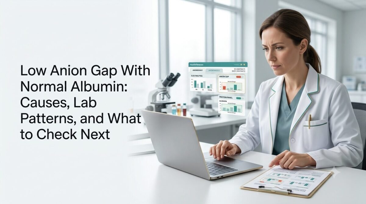 Clinician reviewing an electrolyte and protein blood test report for a low anion gap with normal albumin.