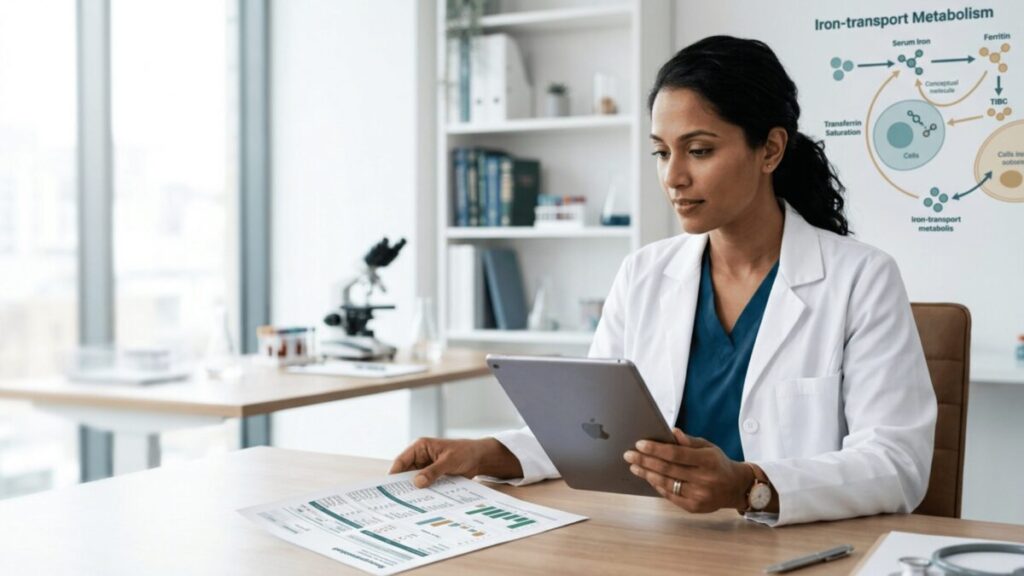 Clinician reviewing an iron panel showing low transferrin saturation and normal ferritin.