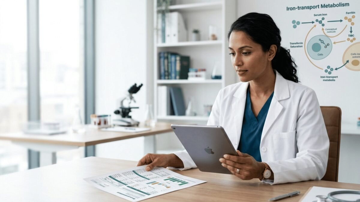 Clinician reviewing an iron panel showing low transferrin saturation and normal ferritin.
