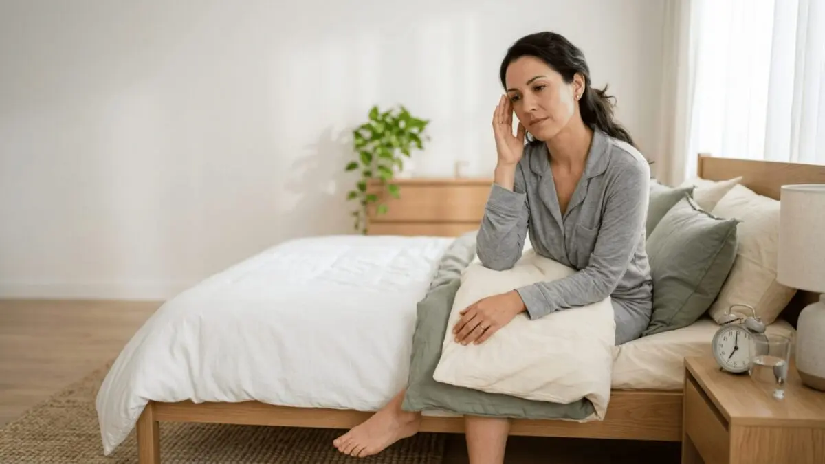 Adult waking up in bed with a headache while holding their forehead, representing common morning headache causes and sleep-related triggers