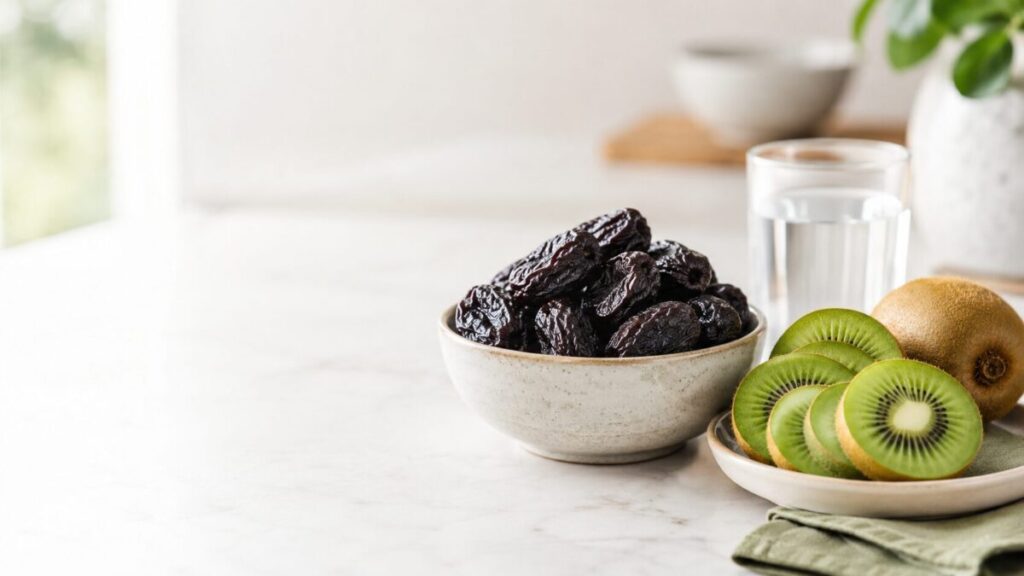 Prunes and sliced green kiwifruit arranged side by side for a comparison of foods used for constipation.
Image Title: Prunes vs Kiwifruit for Constipation