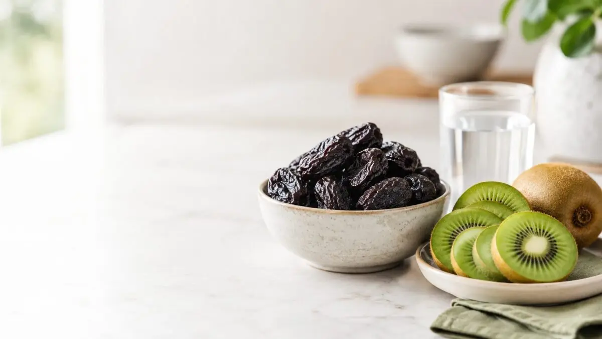 Prunes and sliced green kiwifruit arranged side by side for a comparison of foods used for constipation.
Image Title: Prunes vs Kiwifruit for Constipation
