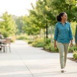 Two adults taking a relaxed walk outdoors after a meal.