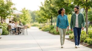 Two adults taking a relaxed walk outdoors after a meal.