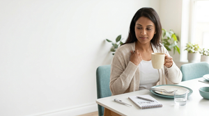 Adult holding a warm mug after a meal while tracking symptoms of feeling cold after eating.